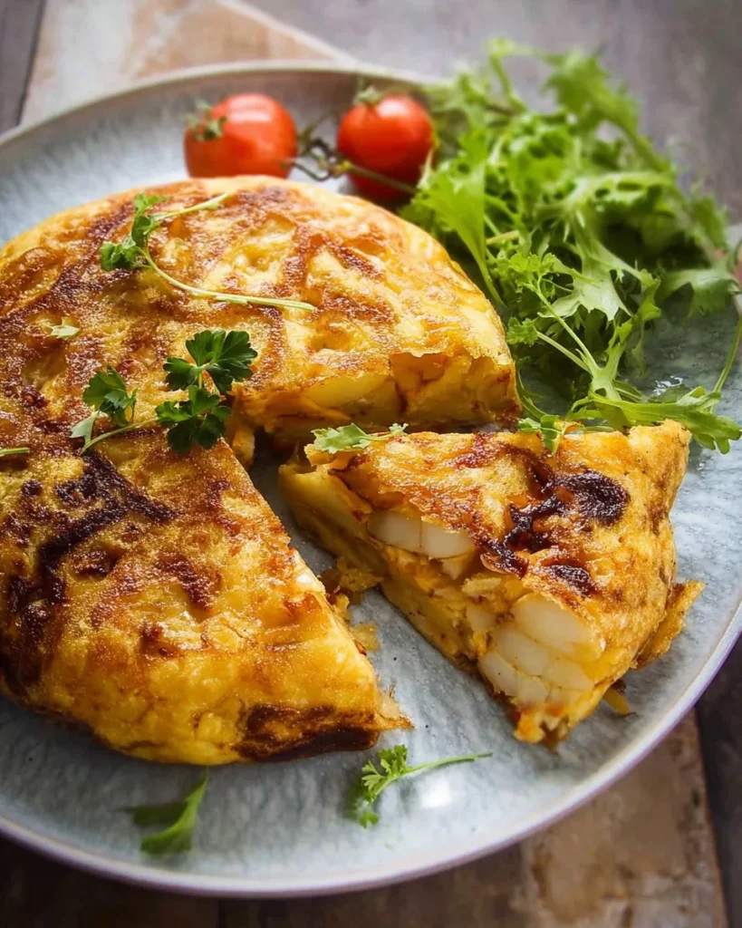 Delicious Spanish Tortilla omelette made with eggs and potatoes.