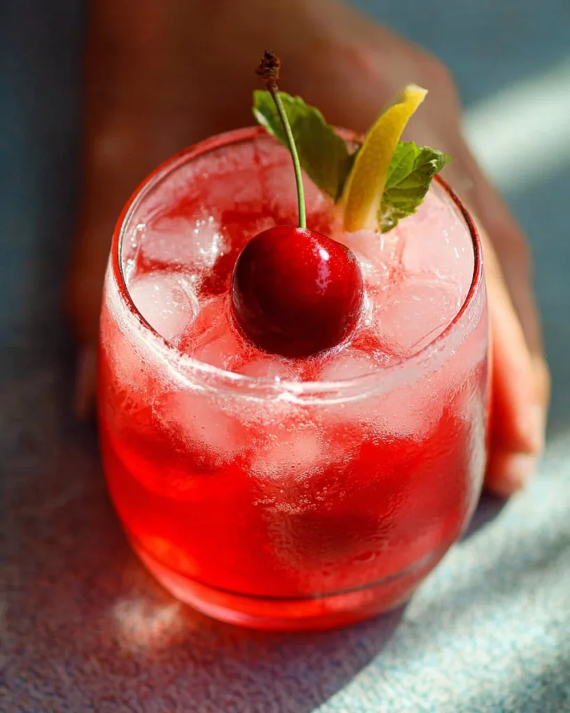Sparkling Cherry Lemonade in a glass with cherries and lemon slices