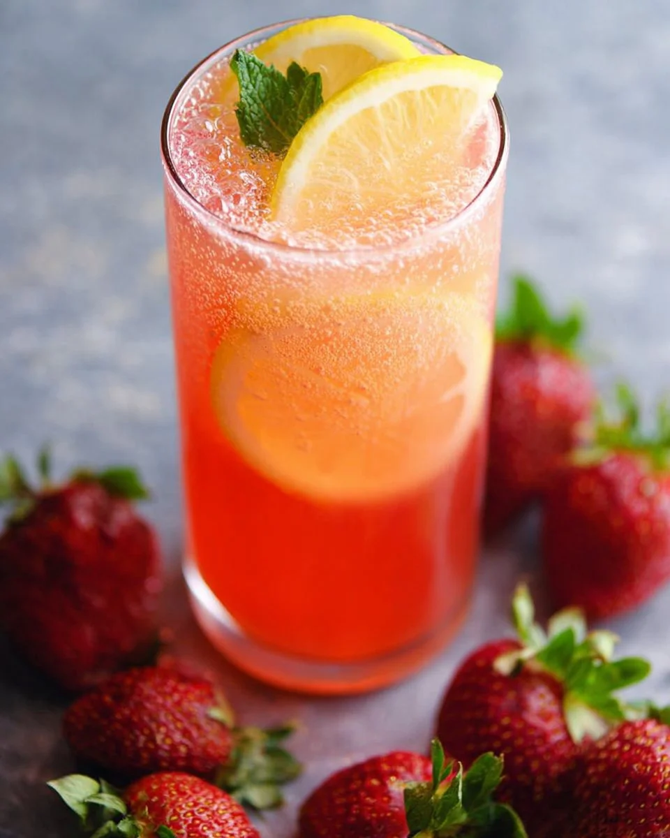 Sparkling Strawberry Lemonade in a glass with fresh strawberries and lemon slices