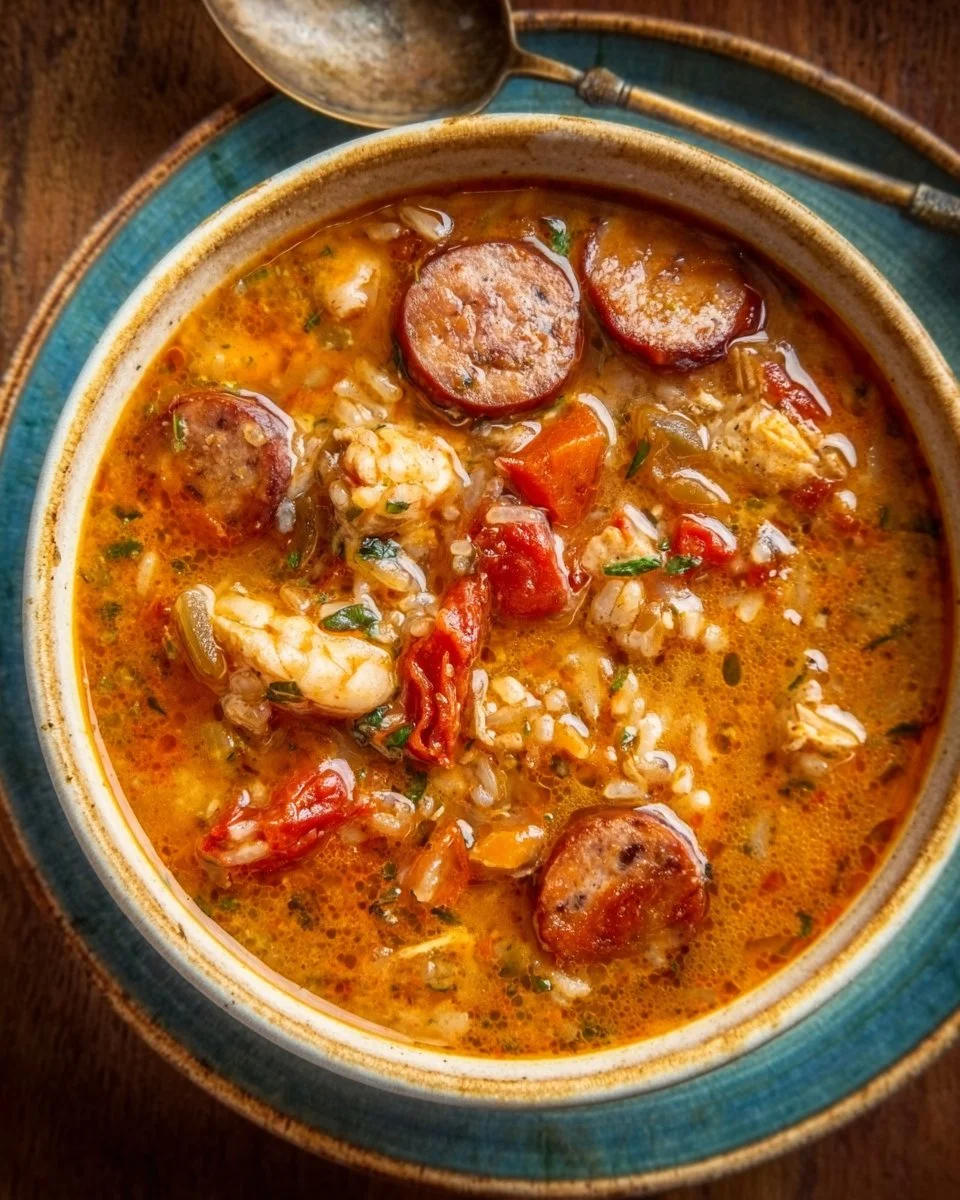Bowl of spicy jambalaya soup with andouille sausage and chicken garnished with herbs.
