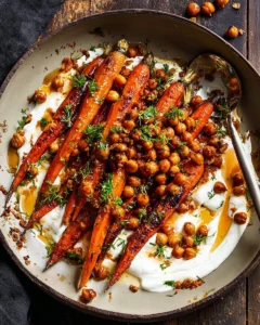 Spicy maple roast carrots served with crispy chickpeas and yogurt sauce