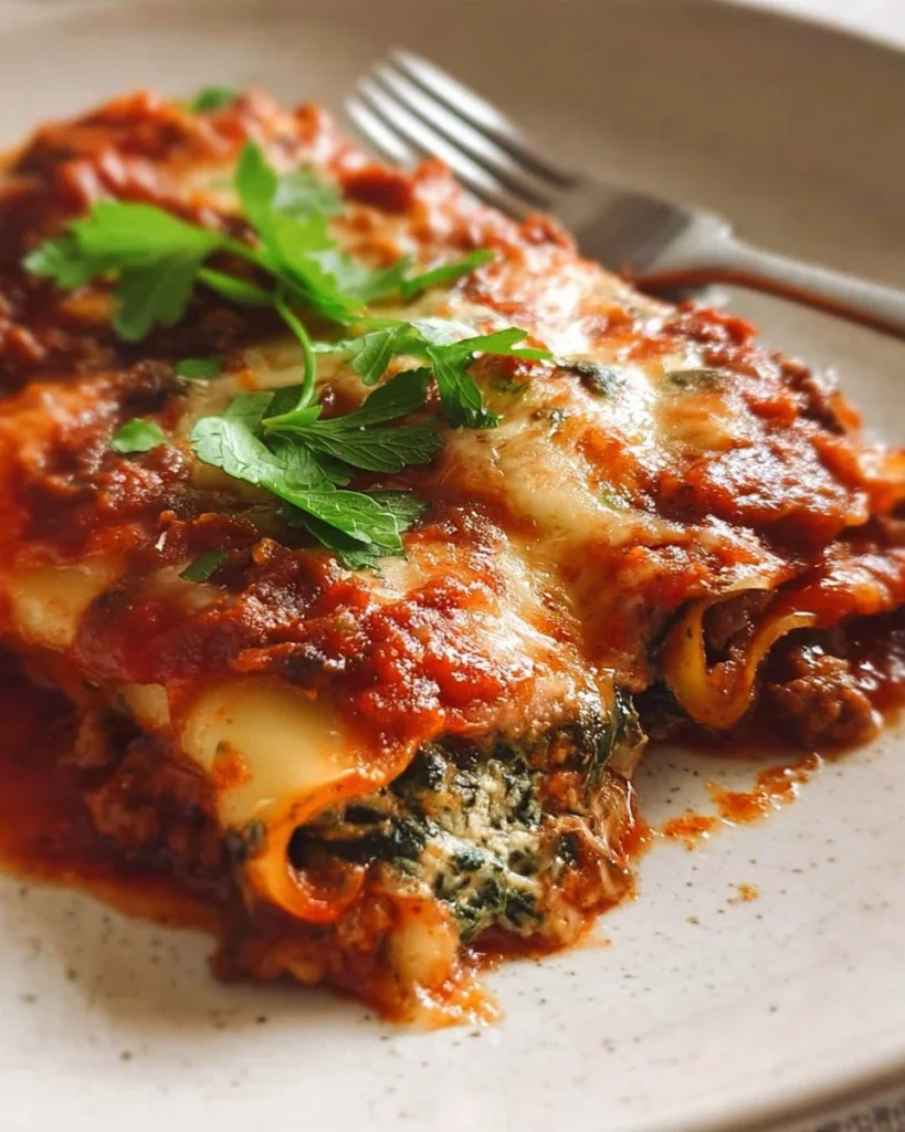 Delicious Spinach Beef Cannelloni on a plate, garnished with herbs