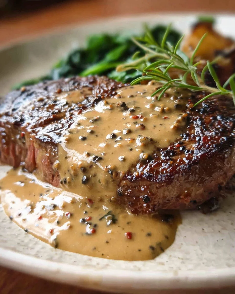 Delicious steak with creamy peppercorn sauce served on a plate