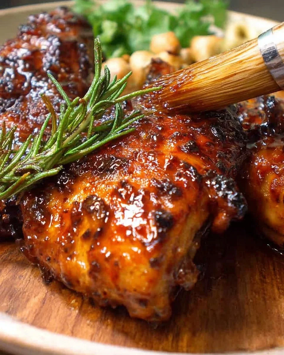 Delicious sticky grilled chicken garnished with herbs on a serving platter