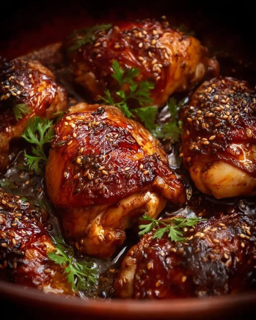 Baked sticky honey soy chicken served with vegetables on a plate