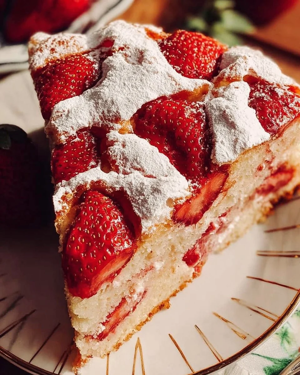 Delicious homemade strawberry cake topped with fresh strawberries and whipped cream