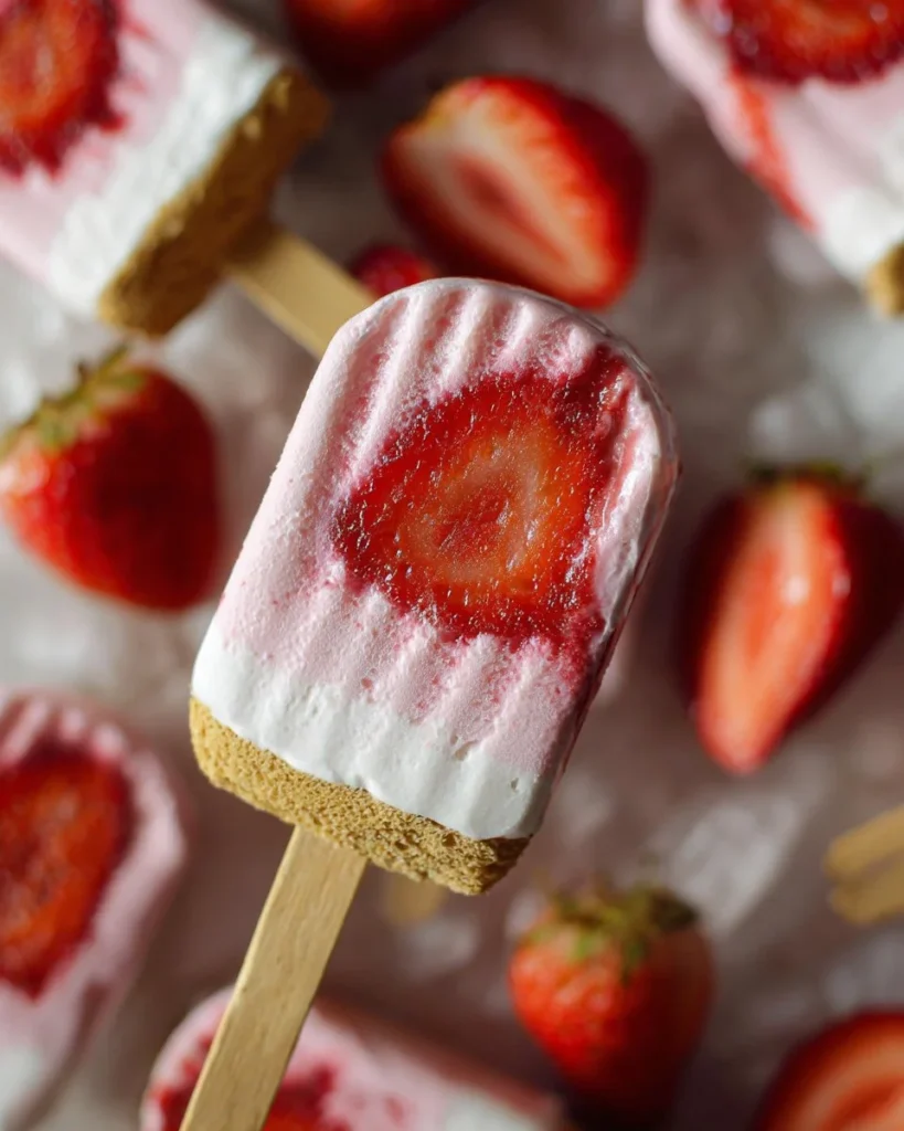 Strawberry cheesecake popsicles on a wooden table with fresh strawberries