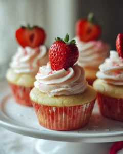 Freshly baked Strawberry Shortcake Cupcakes with strawberries and cream frosting