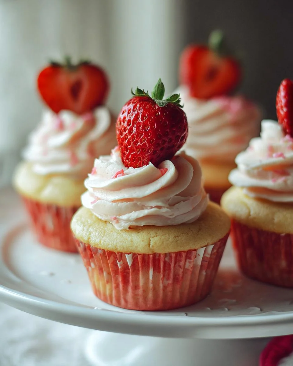 Freshly baked Strawberry Shortcake Cupcakes with strawberries and cream frosting