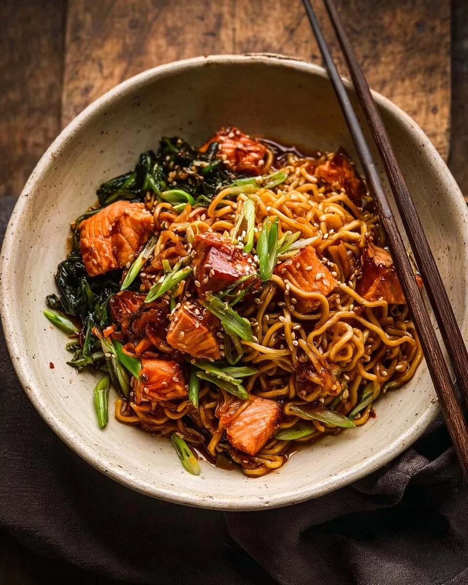Delicious teriyaki salmon served on noodles with fresh vegetables