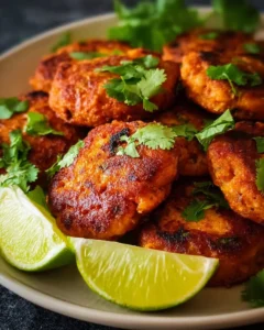 Delicious Thai Fish Cakes served with dipping sauce and fresh herbs