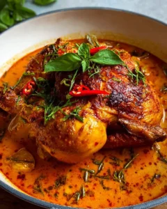Thai Red Curry Pot Roast Chicken served with vegetables in a bowl.
