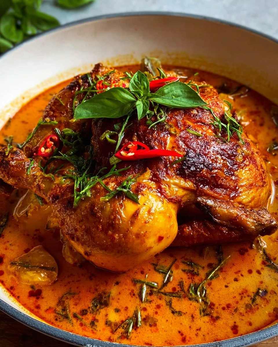 Thai Red Curry Pot Roast Chicken served with vegetables in a bowl.