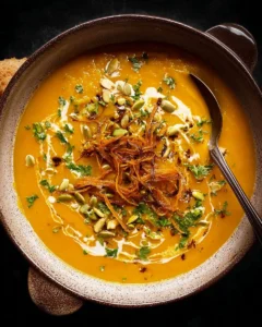 Bowl of creamy sweet potato soup topped with herbs and spices