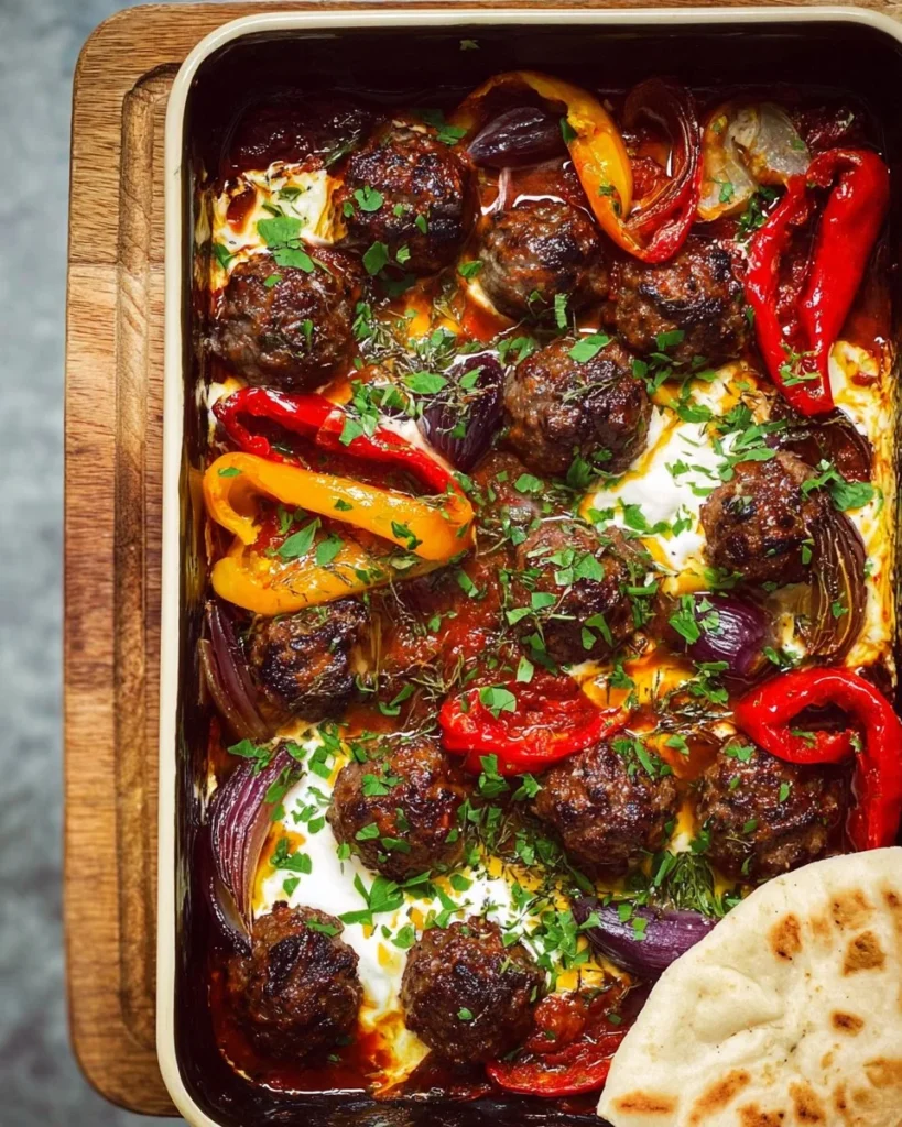 Tray bake dinner featuring savory lamb kofta meatballs with vegetables