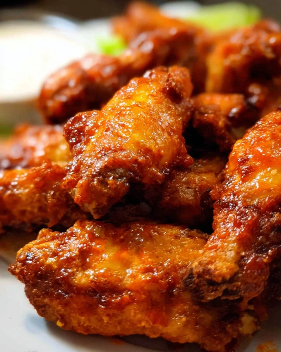 Crispy oven baked buffalo wings garnished with celery and blue cheese dip