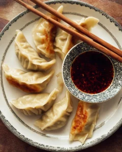 Plate of homemade vegetable dumplings or potstickers ready to enjoy.