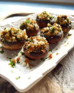 Vegetarian garlic stuffed mushrooms topped with herbs and spices.