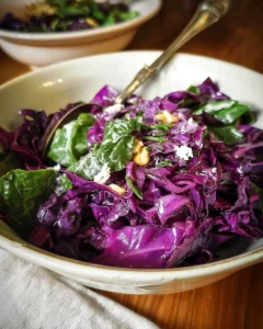 Warm red cabbage salad with garlic herb butter in a bowl