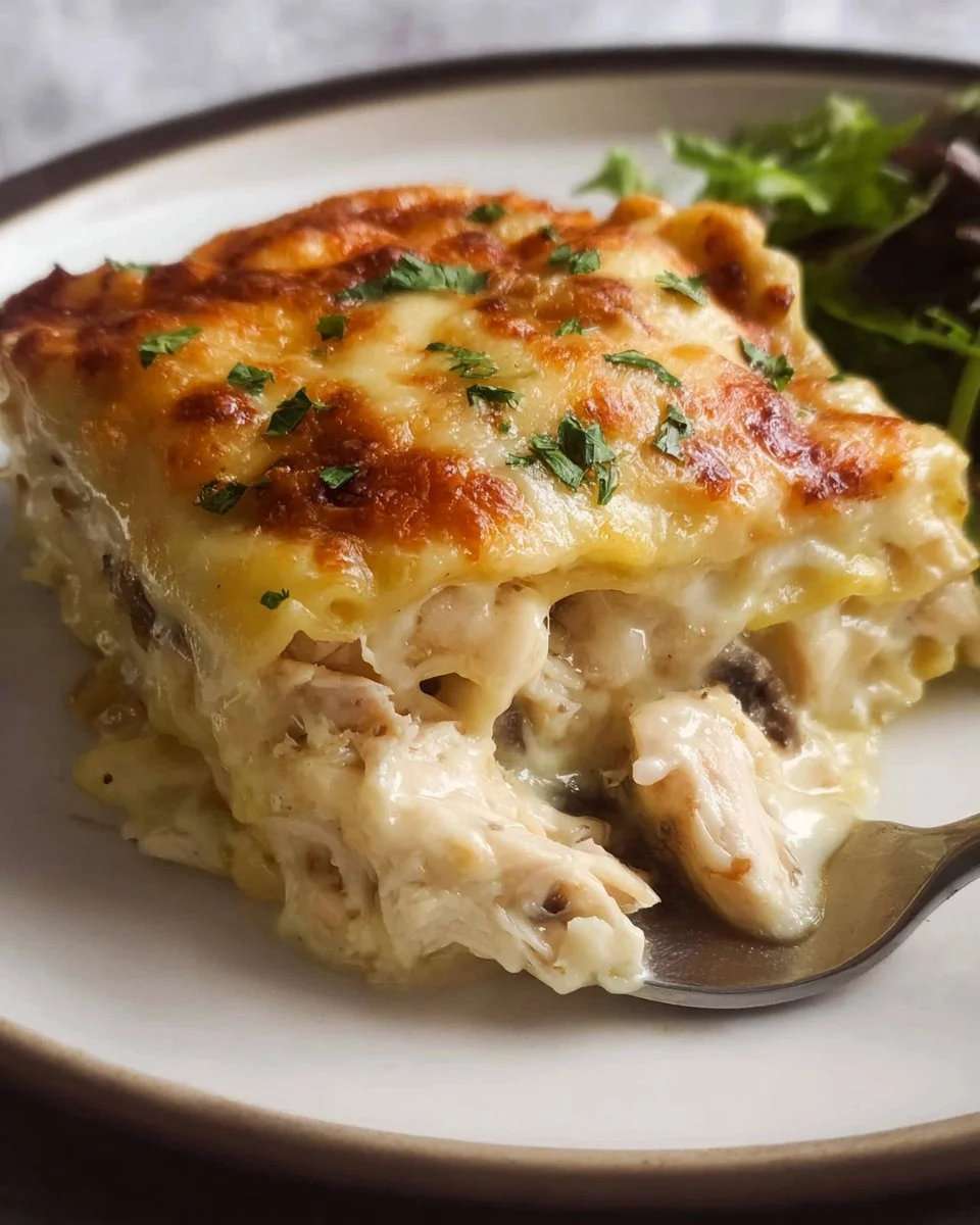 Creamy white chicken lasagna topped with cheese and herbs