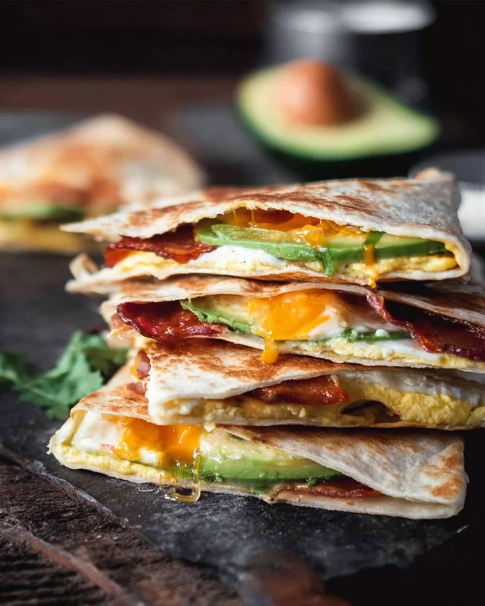 Whole Egg, Bacon, and Avocado Quesadilla served on a plate