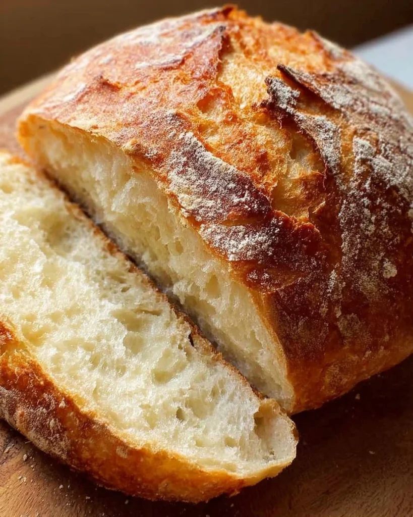 Homemade artisan yeast bread with no kneading required, golden crust and soft inside.