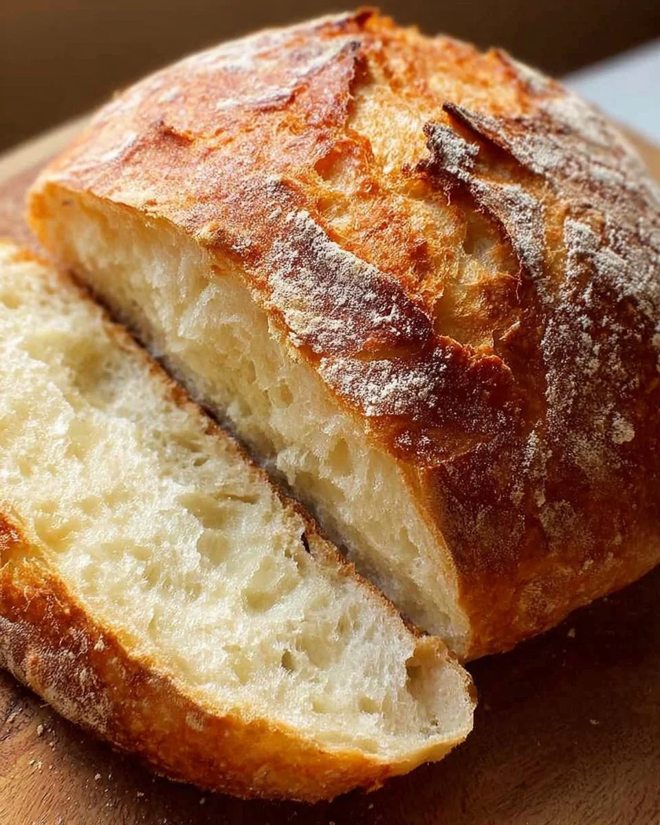 Homemade artisan yeast bread with no kneading required, golden crust and soft inside.