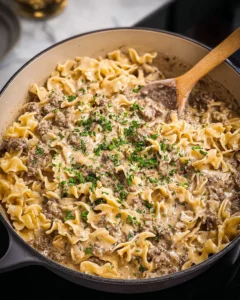 Quick and easy ground beef stroganoff served with noodles
