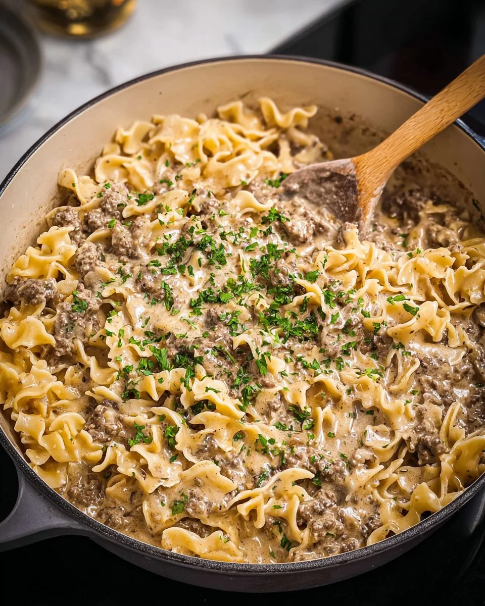 Quick and easy ground beef stroganoff served with noodles