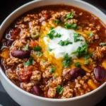 Bowl of award winning turkey chili topped with fresh herbs