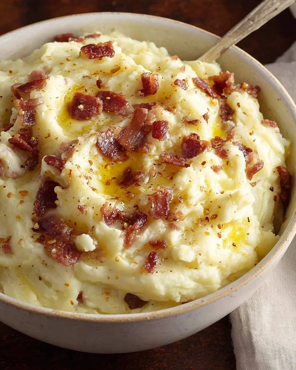 Delicious bacon garlic mashed potatoes topped with crispy bacon bits
