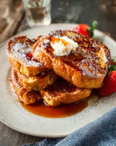 Delicious homemade French toast topped with fresh berries and syrup