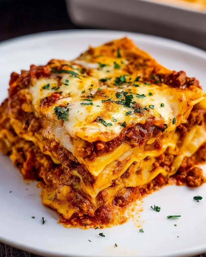 Delicious slice of homemade lasagna with layers of cheese and meat sauce