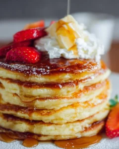 Fluffy homemade pancakes served with syrup and fresh strawberries
