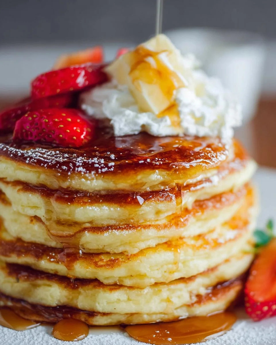 Fluffy homemade pancakes served with syrup and fresh strawberries