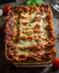 Delicious homemade lasagna with layers of pasta, meat, and cheese