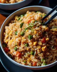Delicious Better Than Takeout Fried Rice in a bowl with colorful vegetables