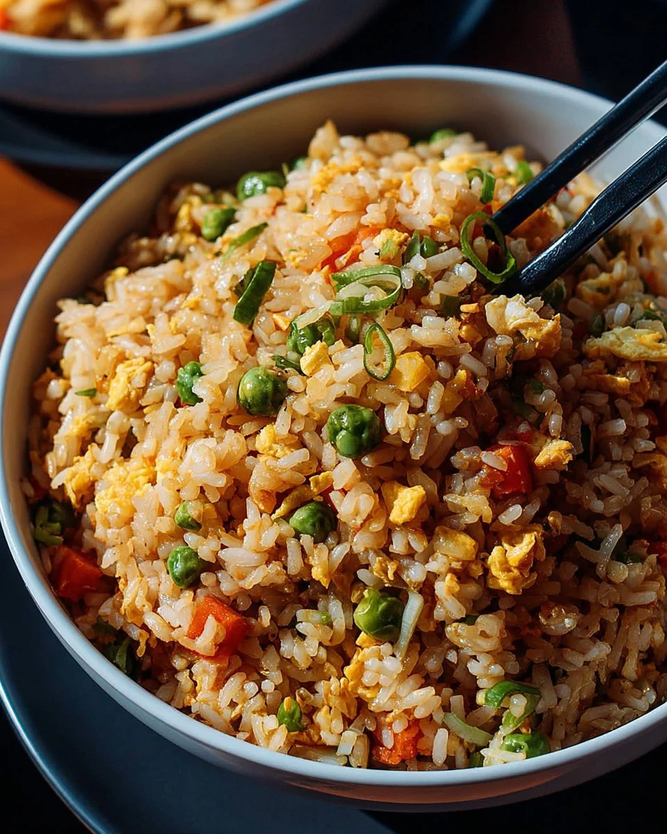 Delicious Better Than Takeout Fried Rice in a bowl with colorful vegetables