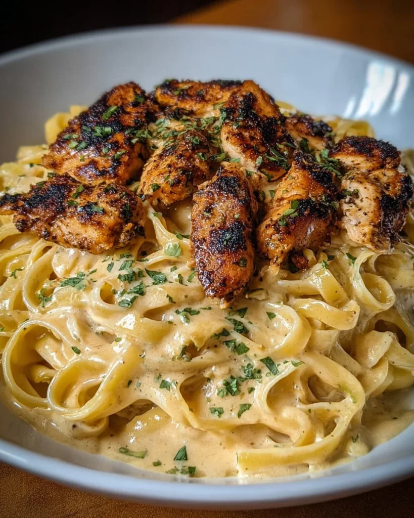 Delicious Blackened Cajun Chicken Alfredo served with pasta