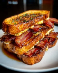 Bourbon Maple Bacon Stuffed Toast topped with maple syrup and crispy bacon.