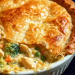 Broccoli cheddar chicken pot pie with flaky crust and fresh ingredients