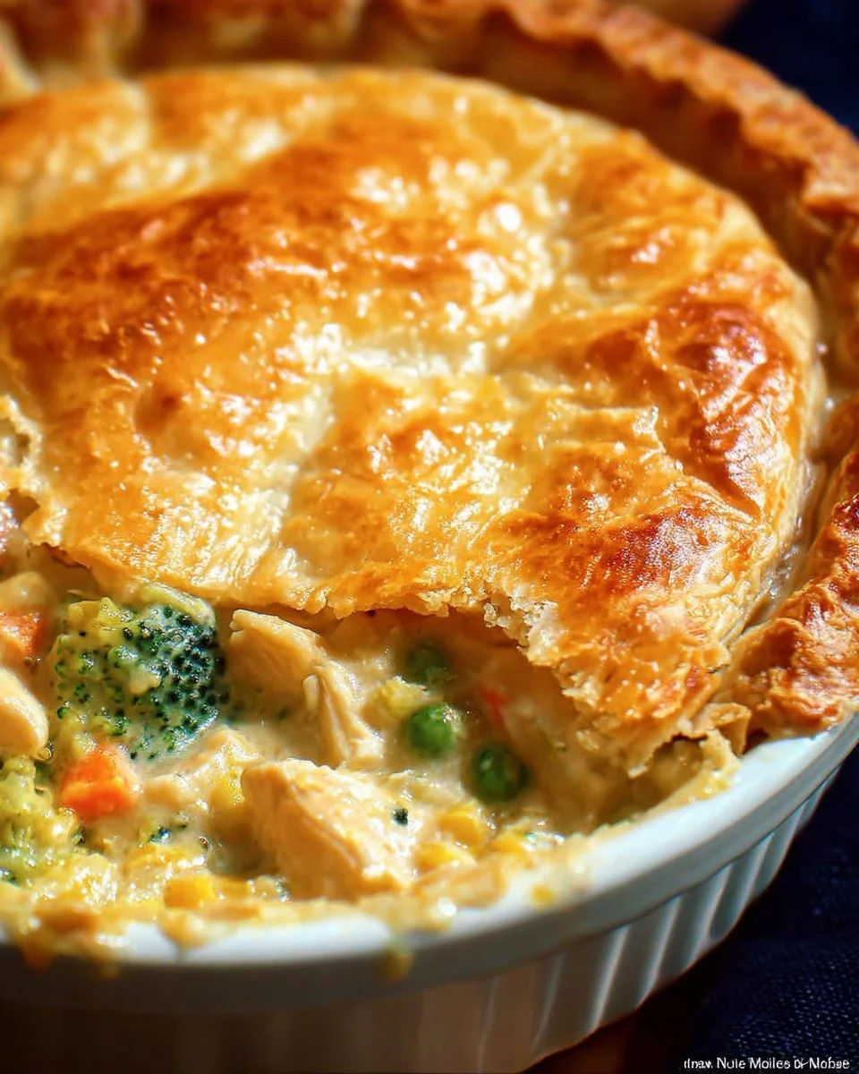 Broccoli cheddar chicken pot pie with flaky crust and fresh ingredients
