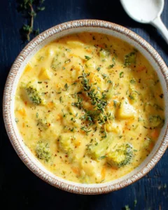 Delicious bowl of broccoli potato cheese soup topped with fresh herbs