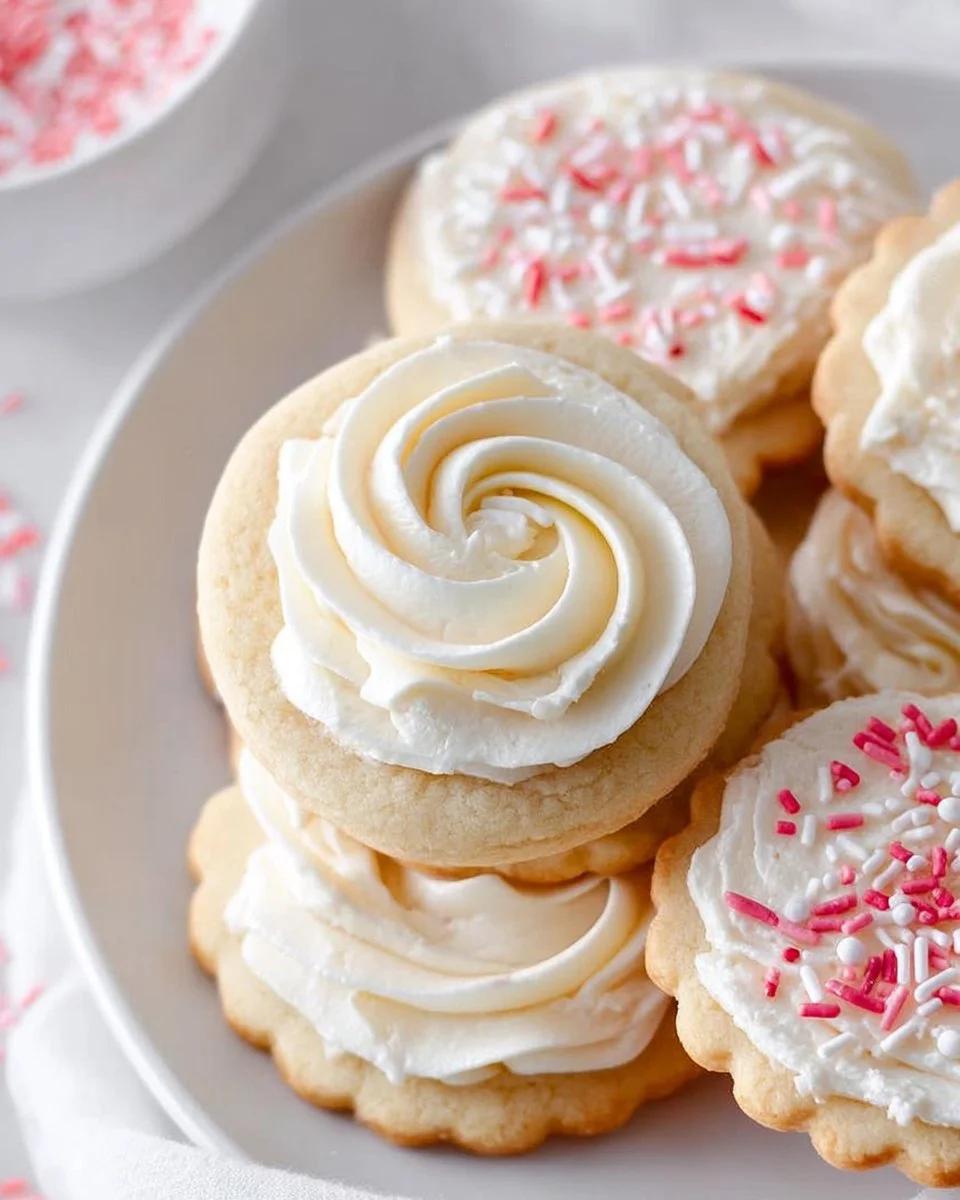 Frosted buttercream sugar cookies with colorful sprinkles on a plate.