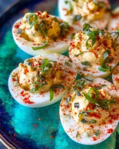 Plate of spicy Cajun Deviled Eggs garnished with paprika and parsley