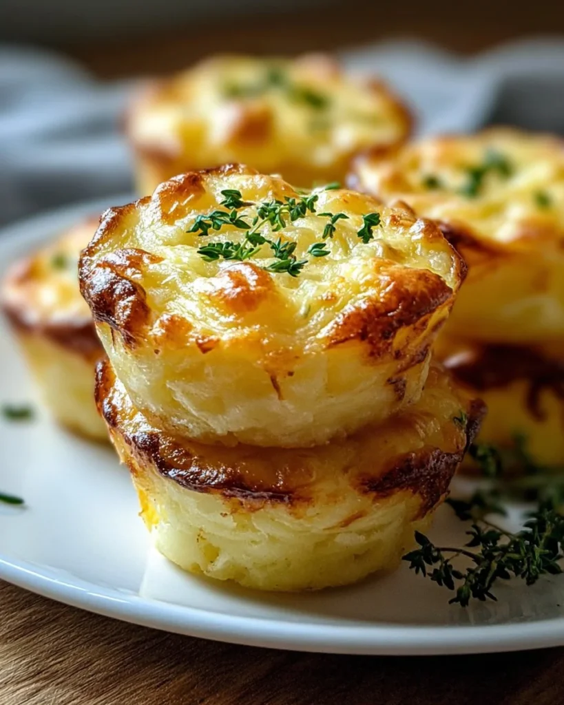 Cheesy mashed potato puffs served on a platter with herbs