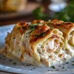 Delicious Chicken Alfredo Lasagna Rolls served on a plate with herbs