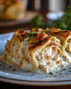Delicious Chicken Alfredo Lasagna Rolls served on a plate with herbs