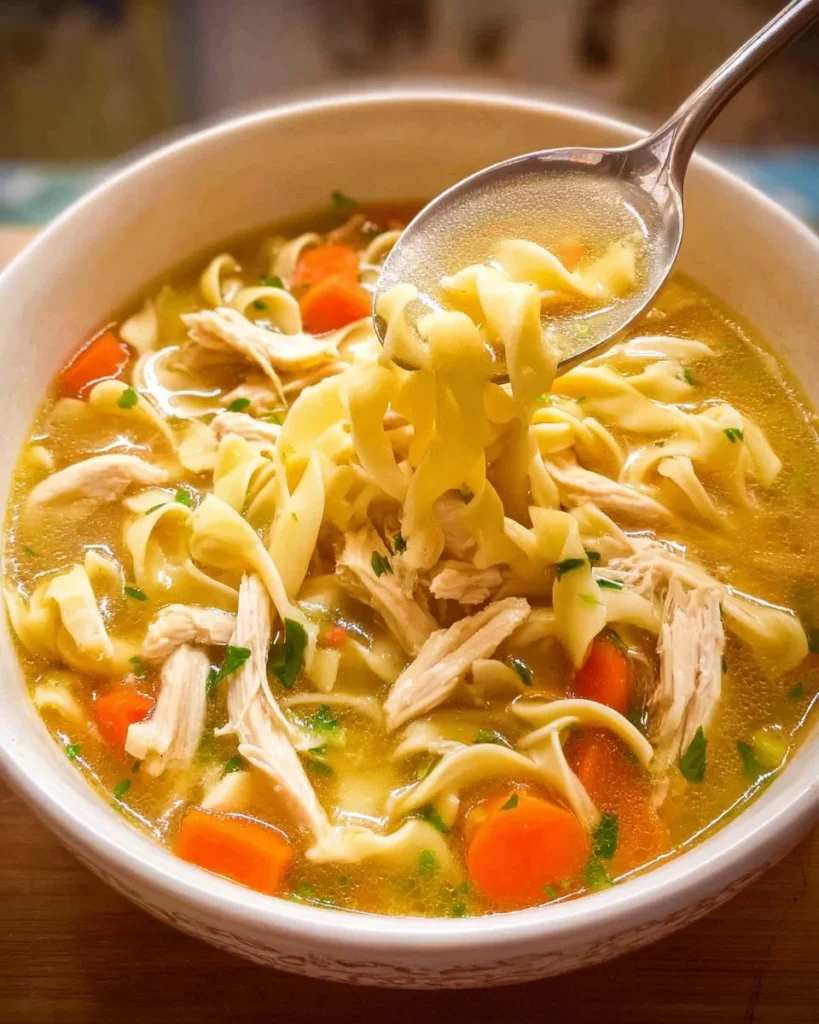 A bowl of hearty chicken noodle soup with vegetables and herbs.