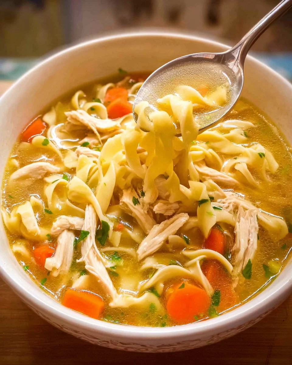 A bowl of hearty chicken noodle soup with vegetables and herbs.